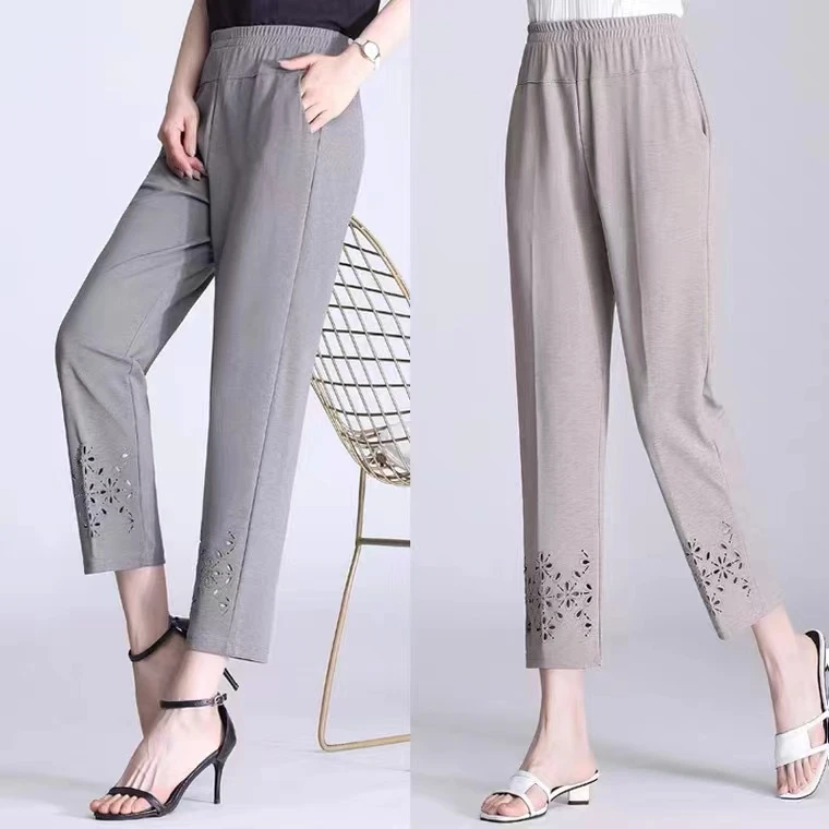 妈妈装裤子夏季薄款冰丝九分裤高腰休闲裤镂空花型
