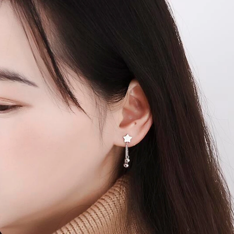 言若银匠 925银耳饰 纯银耳钉女气质灵动球球百搭五角星流苏ED50