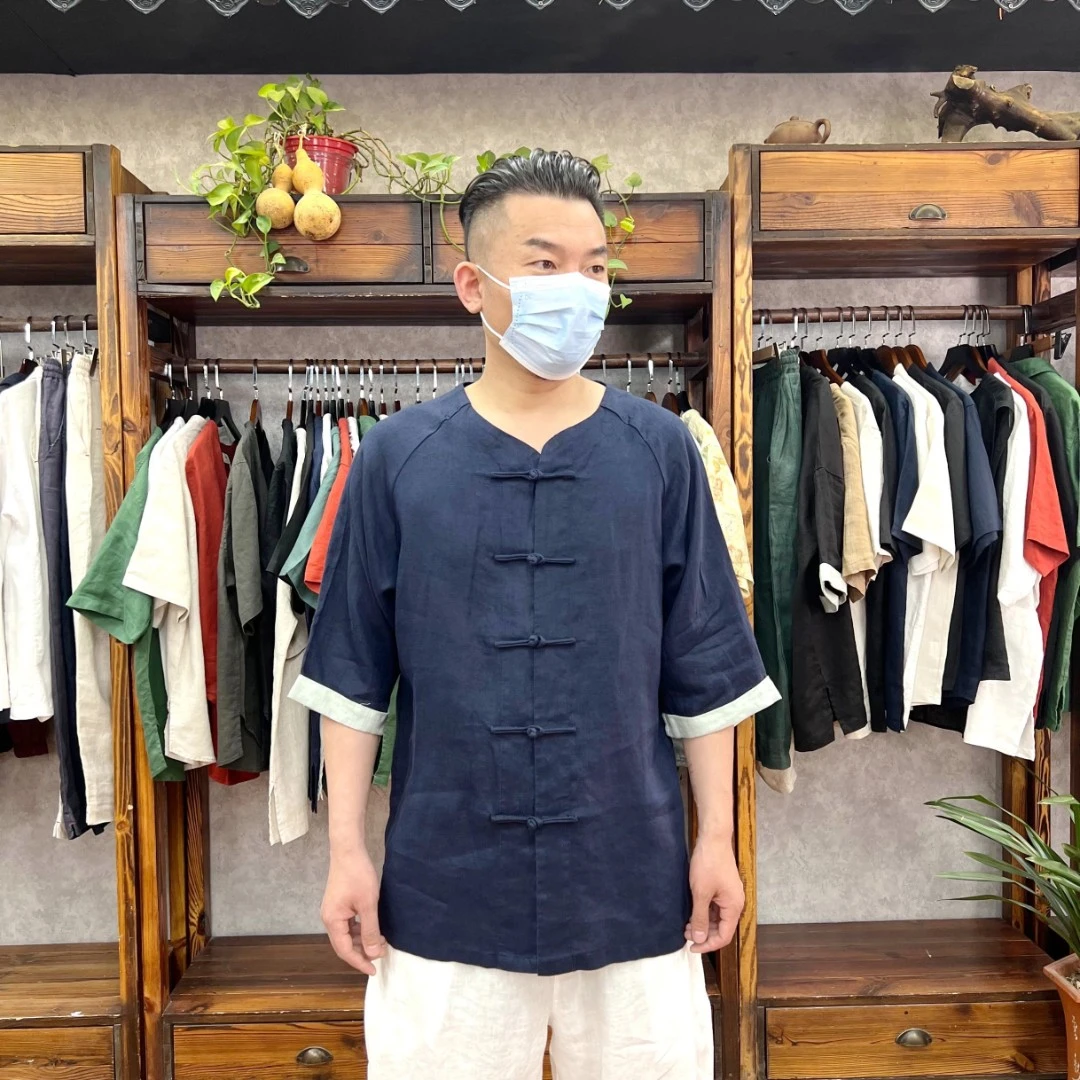 2025夏季新款中国风亚麻短袖衬衫男士吸汗透气休闲复古盘扣上衣
