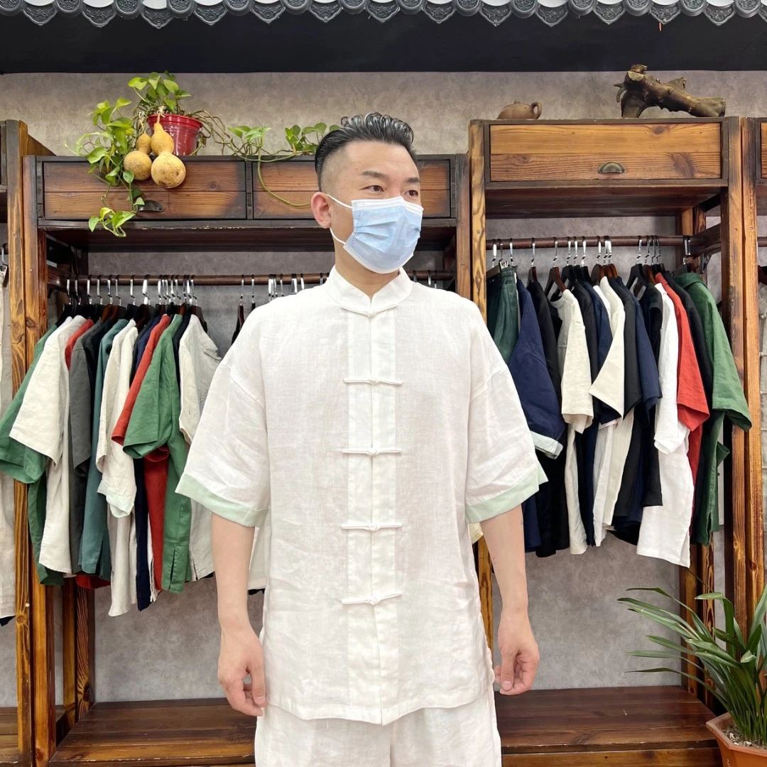 2025夏季新款男士亚麻短袖衬衫中国风盘扣衬衣开衫中式休闲上衣