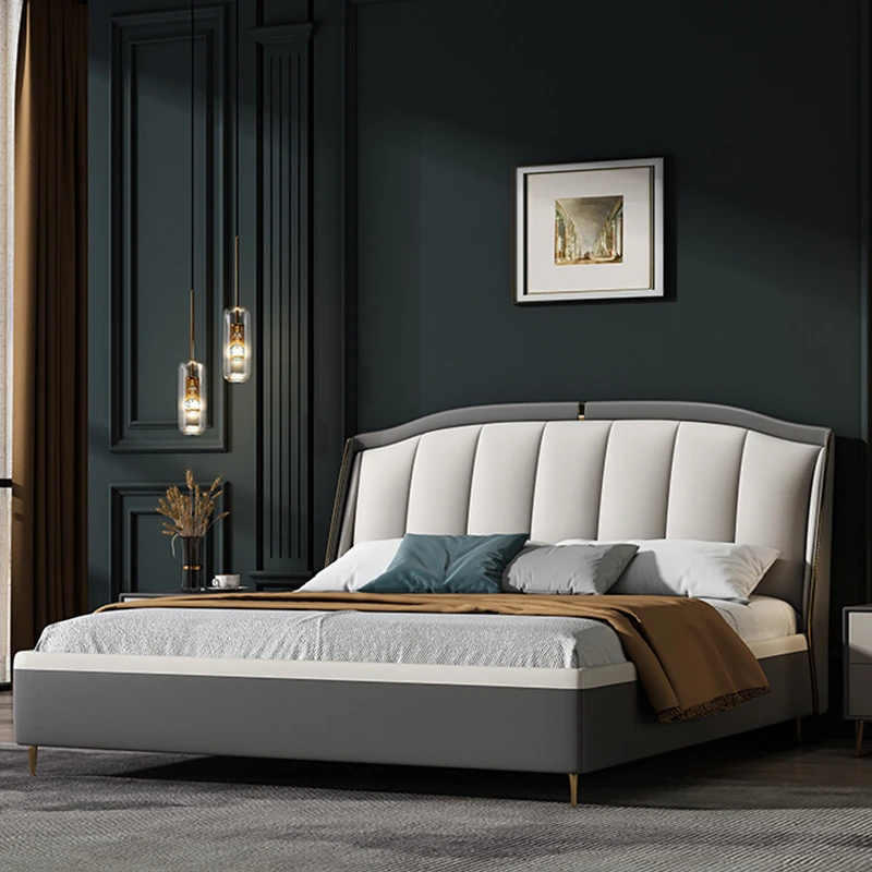 北欧轻奢真皮床 现代简约极简软包双人床小户型软体储物婚床1.8床