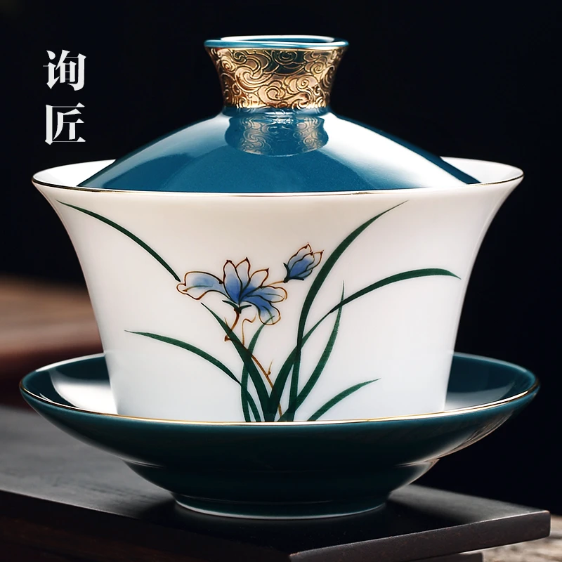 八宝茶特大号三才盖碗茶具高档大单个白瓷茶杯三泡台泡茶碗景德镇