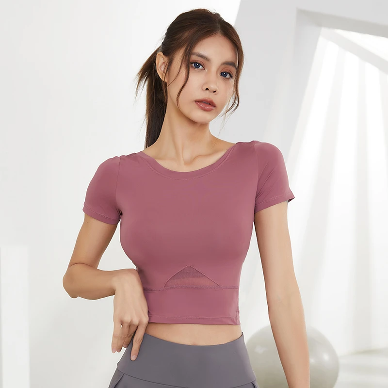 瑜伽上衣女夏季修身显瘦运动服性感露脐短款专业跑步健身T