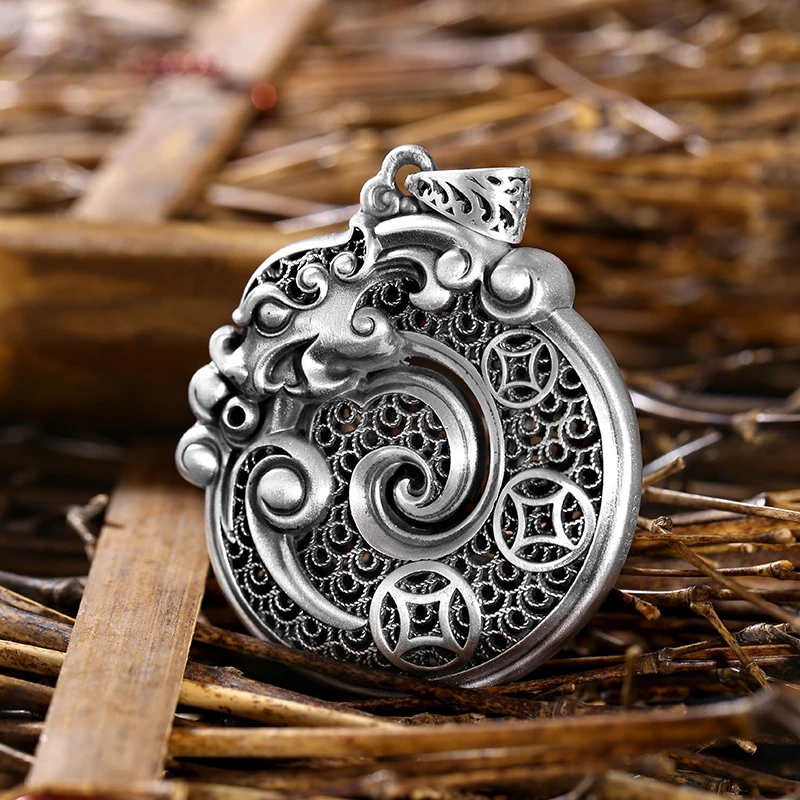 船承 吊坠足银 虎年本命年平安扣纯银吊坠龙虎古法手工掐丝挂坠