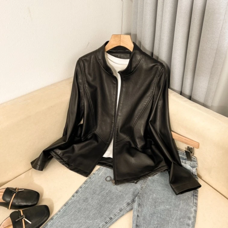 漫莎真皮绵羊皮宽松时尚百搭立领机车休闲短款秋季韩版女外套212