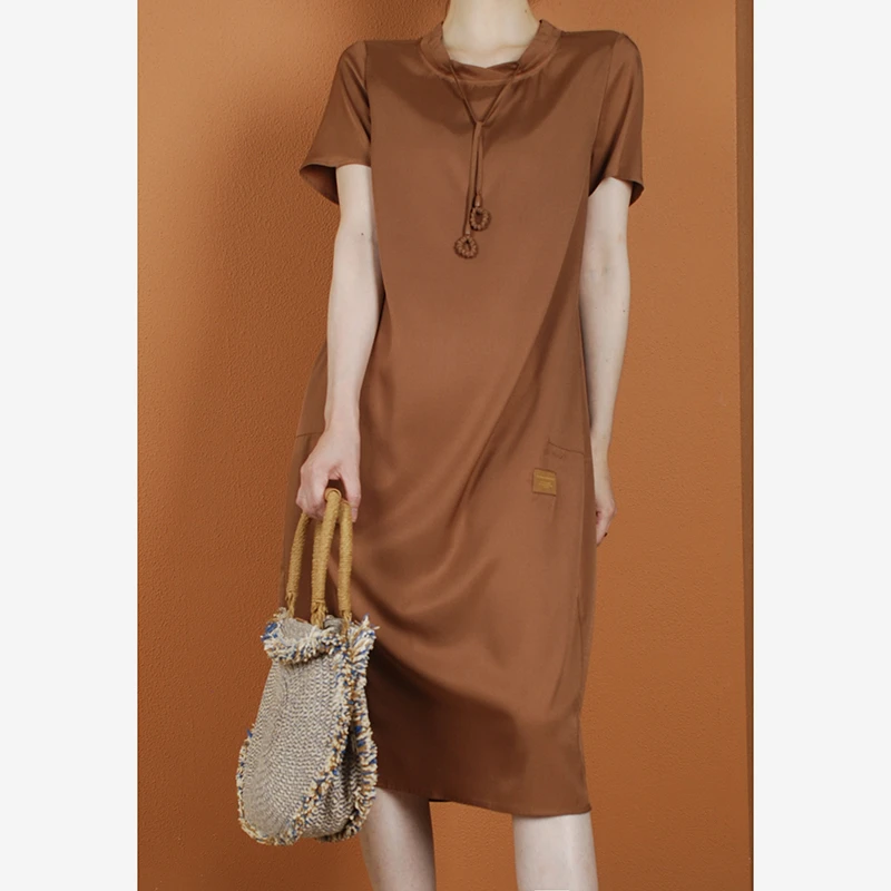 【与风萦】宽松双口袋连衣裙 纯色复古休闲时尚气质夏天圆领显瘦