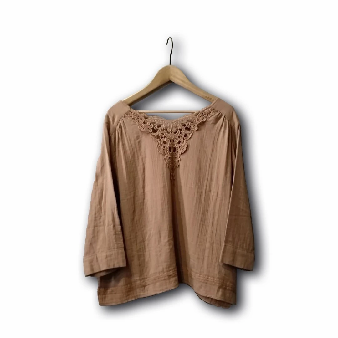 阿红读你蕾花领棕色T恤百搭气质休闲时尚蕾丝纯色好看漂亮常规