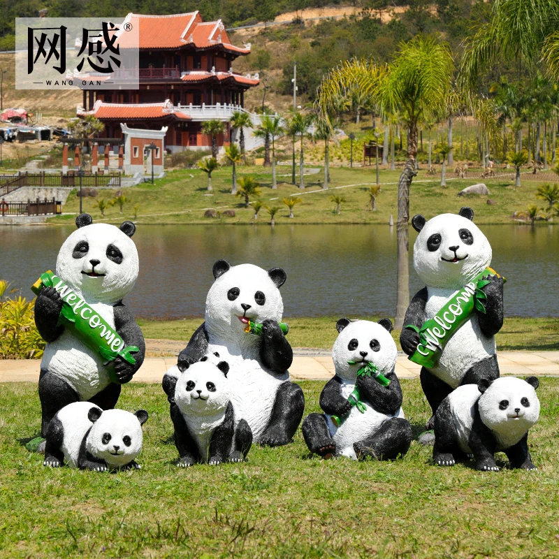 户外熊猫雕塑玻璃钢仿真动物花园幼儿园草坪装饰摆件园林景观小品