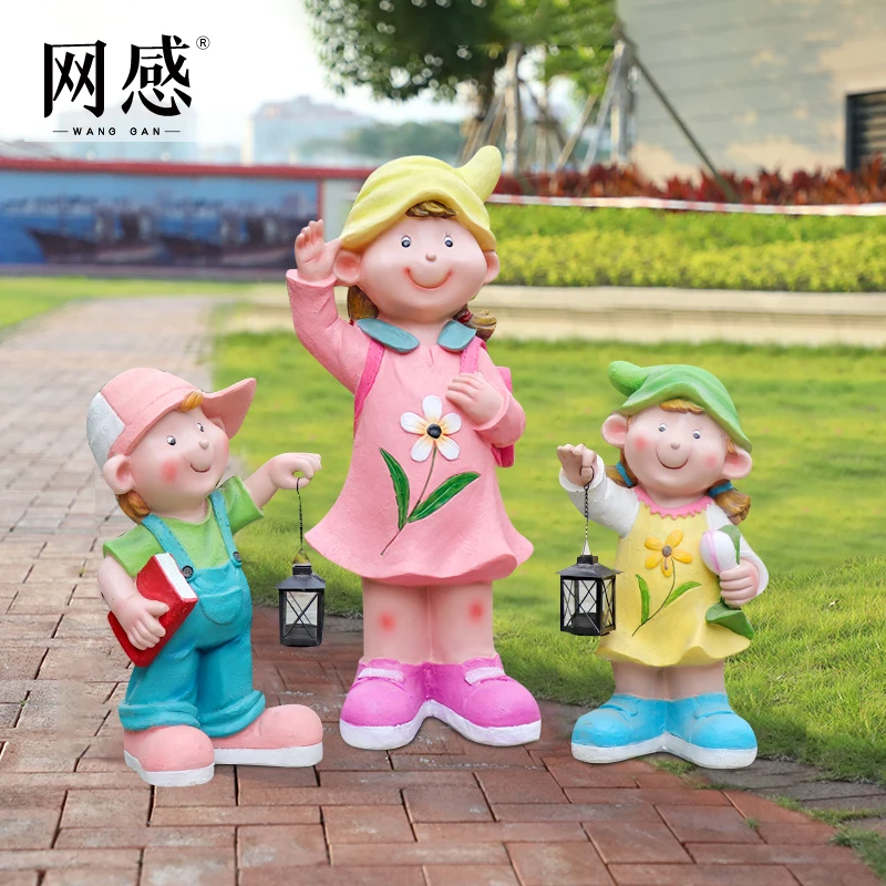 卡通娃娃人物雕塑户外庭院小区广场图书馆商场提灯男孩玻璃钢摆件