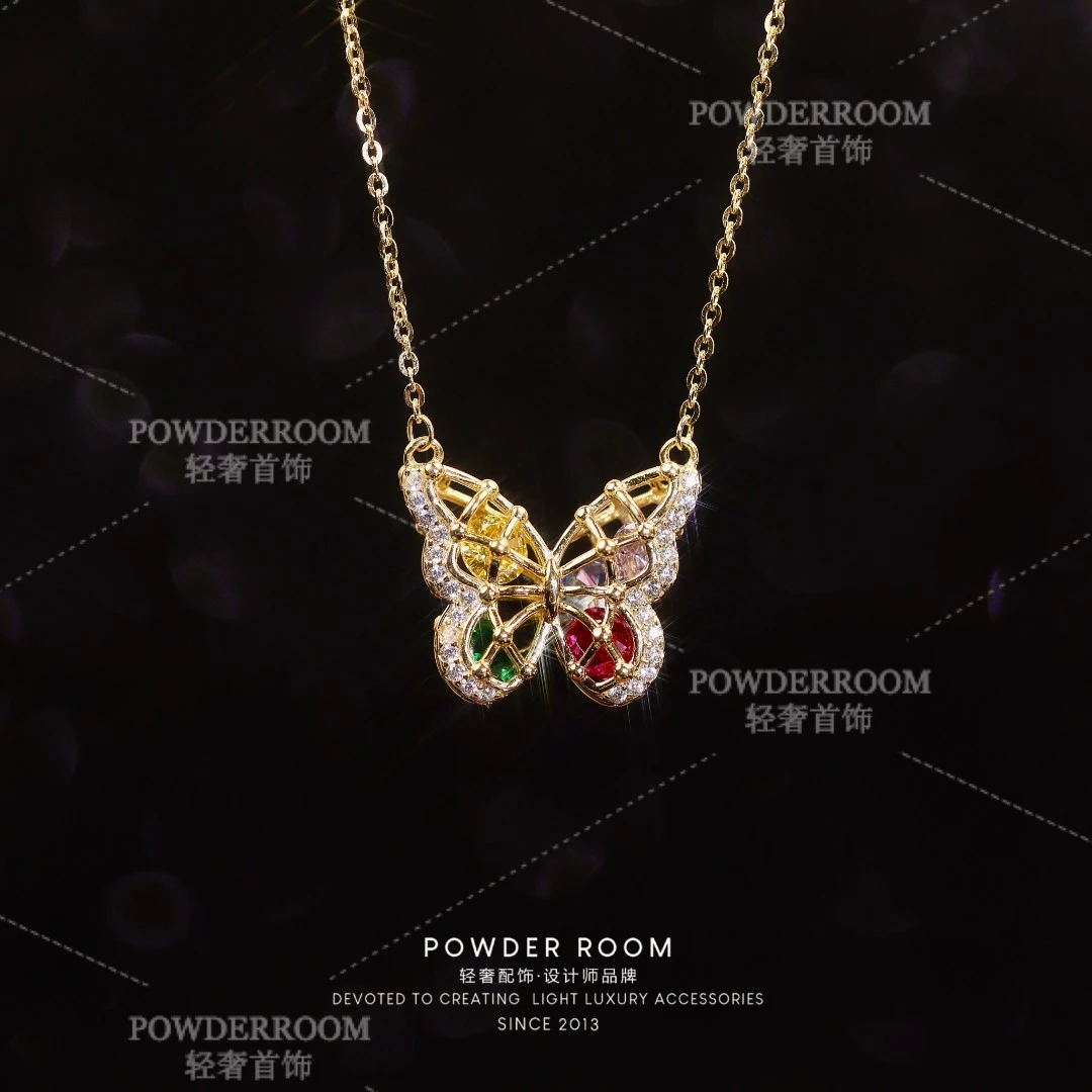 链子925银合成锆石 【梦澜彩蝶】精致时尚春季超闪优雅超仙素款女