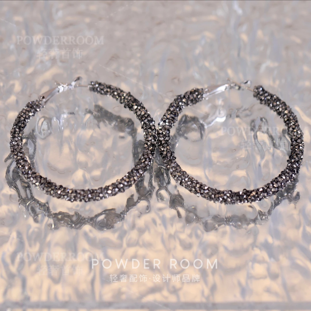 铜合金合成锆石耳饰 【年轮】高级感冷淡风黑色创意大耳圈耳环女