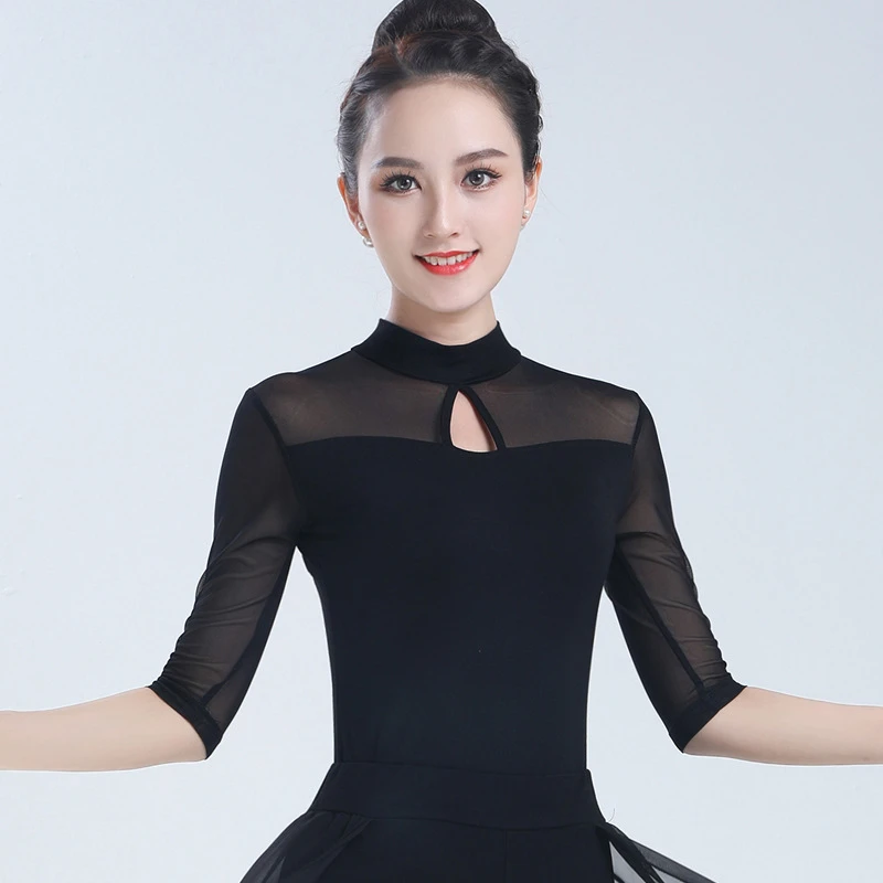 现代舞蹈练功服女成人形体服上衣短袖黑色形体跳舞衣服女夏季