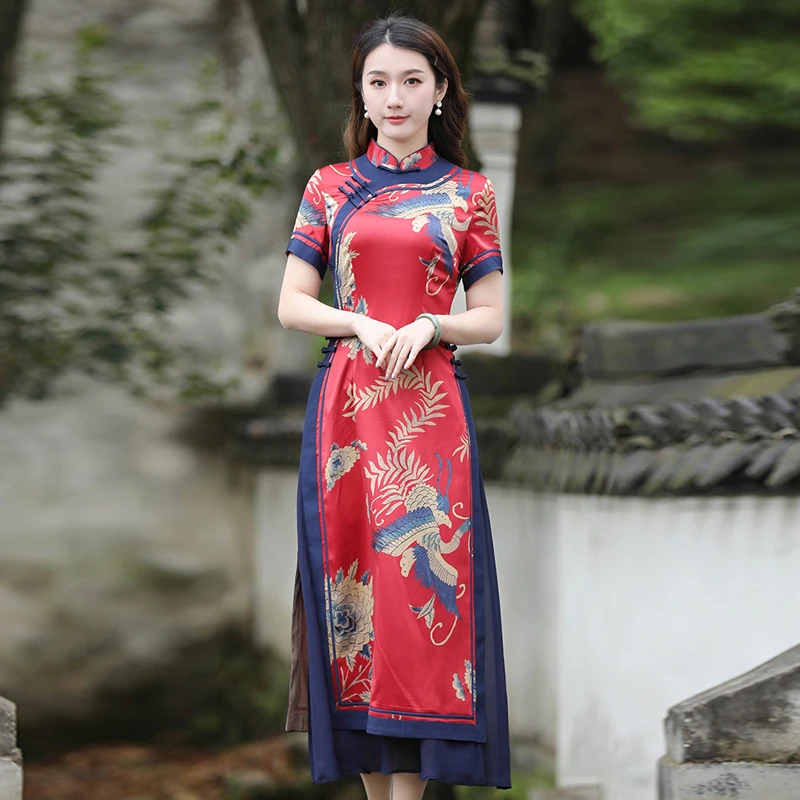 如意风改良旗袍连衣裙复古中国风气质红色长款民族风奥黛旗袍R544