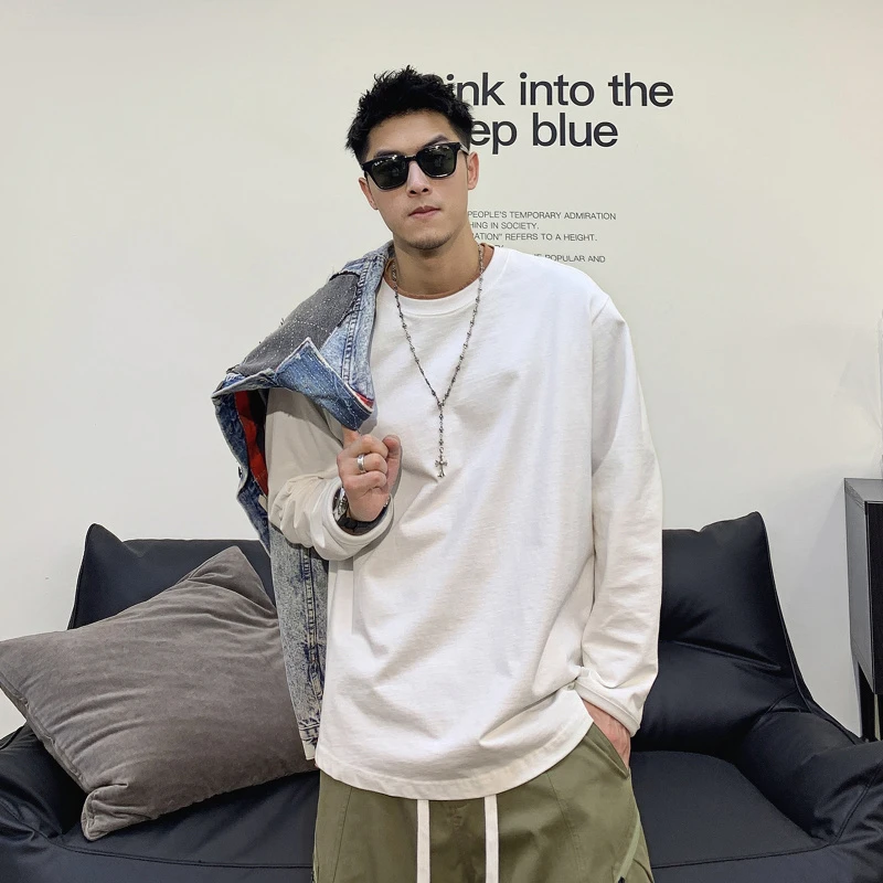 徐太浪白色内搭长袖T恤男春秋简约纯色日系宽松大码休闲打底上衣