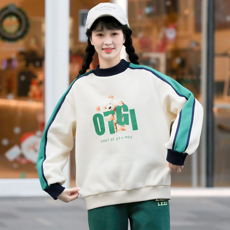 小熊卫衣春秋季韩版宽松少女大童初中学生高中女生春装长袖上衣潮