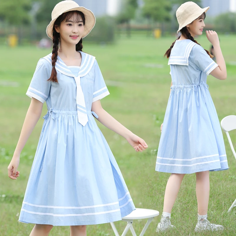 海军风连衣裙学院风海军领日系水手服甜美韩版少女初中学生裙子夏