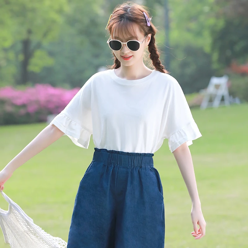 荷叶边短袖T恤少女夏装初中女生高中学生大童韩版宽松上衣显瘦款