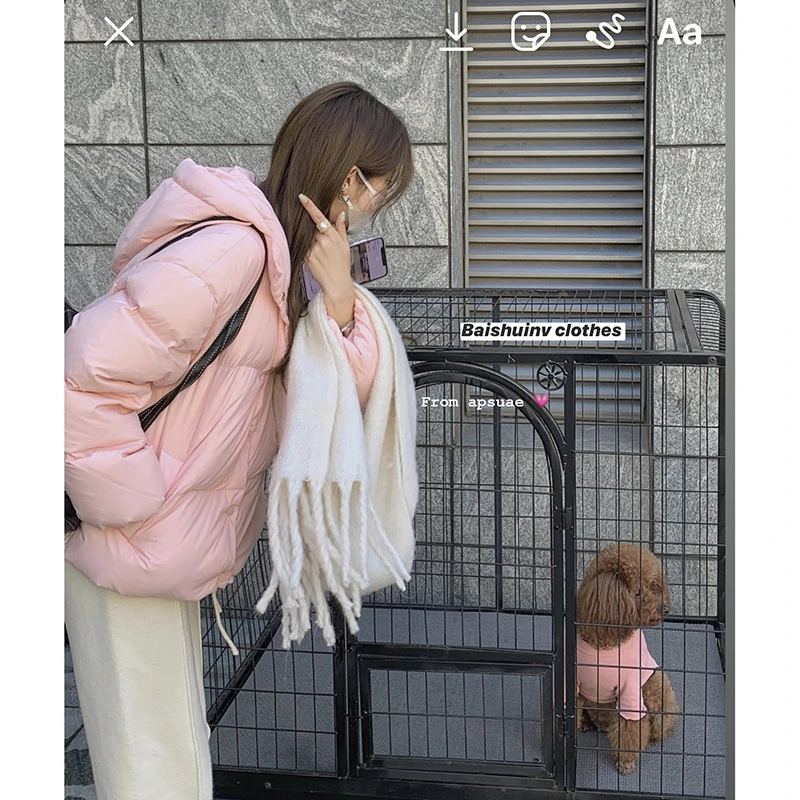【清仓！】白水女~粉色连帽羽绒服秋冬保暖短款面包服外套 B1111101