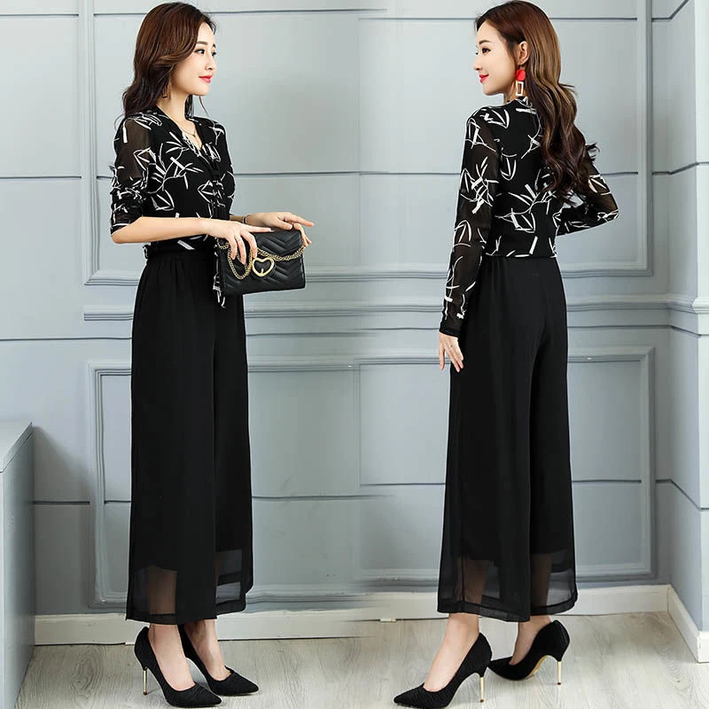 春秋阔腿裤套装女2025年新款时尚气质宽松大码洋气雪纺网纱两件套