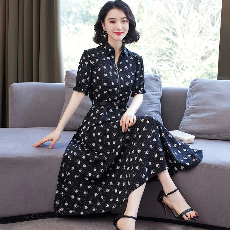 【有口袋】2025新款夏季短袖雪纺连衣裙女装碎花过膝宽松衬衫裙子