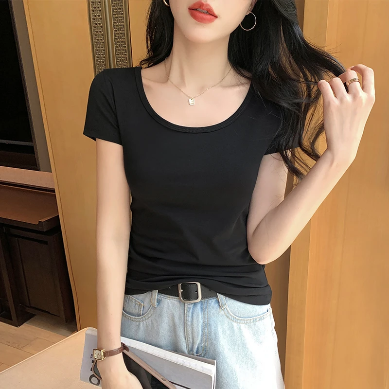 白色U领短袖t恤女百搭夏季新款低领显瘦上衣修身大领口正肩体恤薄