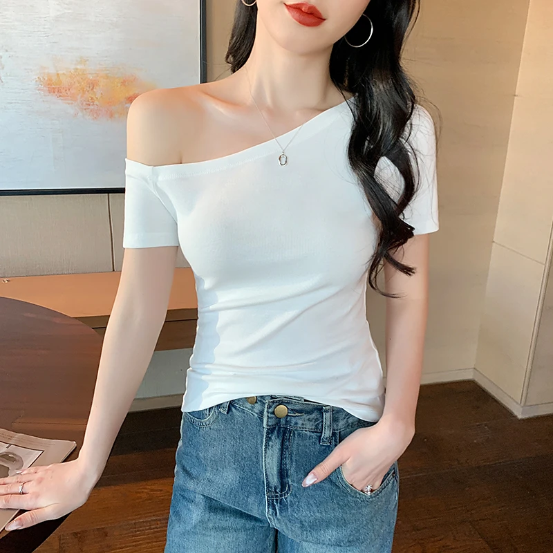 白色短袖t恤女夏斜肩设计感辣妹一字领气质上衣打底衫潮2025新款