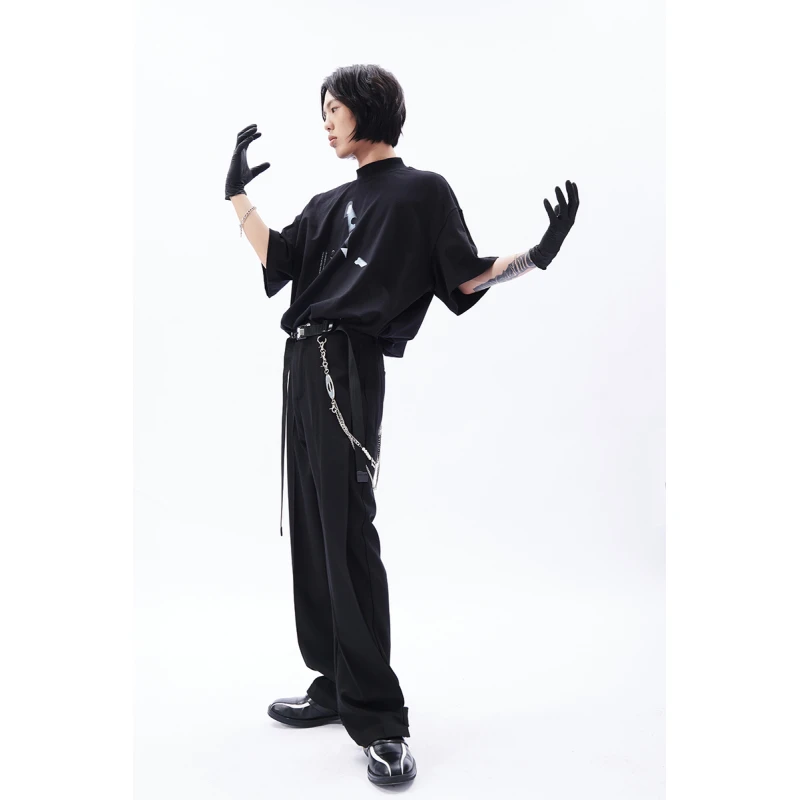 TERRAINCOGNITA20SS印花宽松褶皱微高领短袖男潮流T恤百搭新疆棉