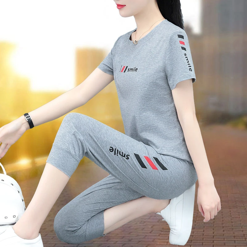 【官方正品】啄木鸟短袖运动服套装女夏季新款中老年休闲宽松两件套