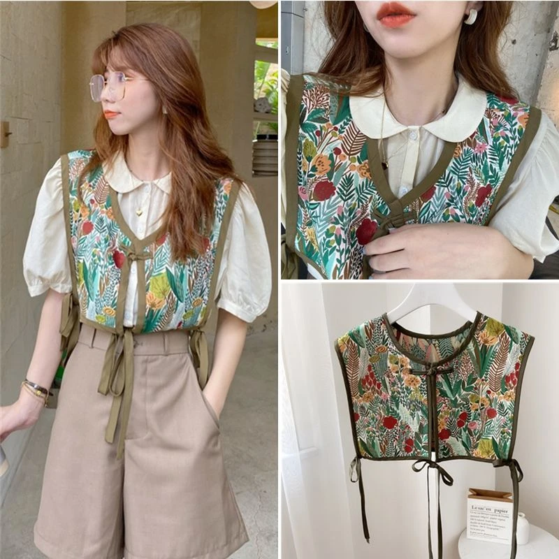 中国风碎花刺绣系带小披肩马甲女短款夏系带薄款配衬衫护颈小外套