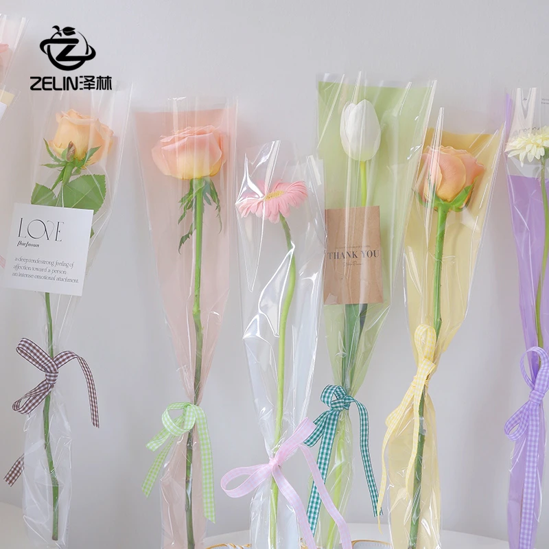 泽林七夕新品马卡龙鲜花单支袋透明OPP鲜花包装纸单只花束包花袋