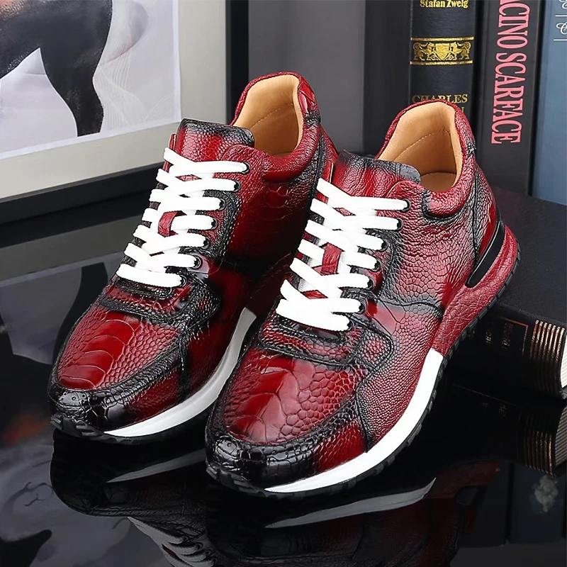 鸵鸟脚皮运动鞋真皮男鞋高档户外男士休闲鞋时尚透气【613-56】