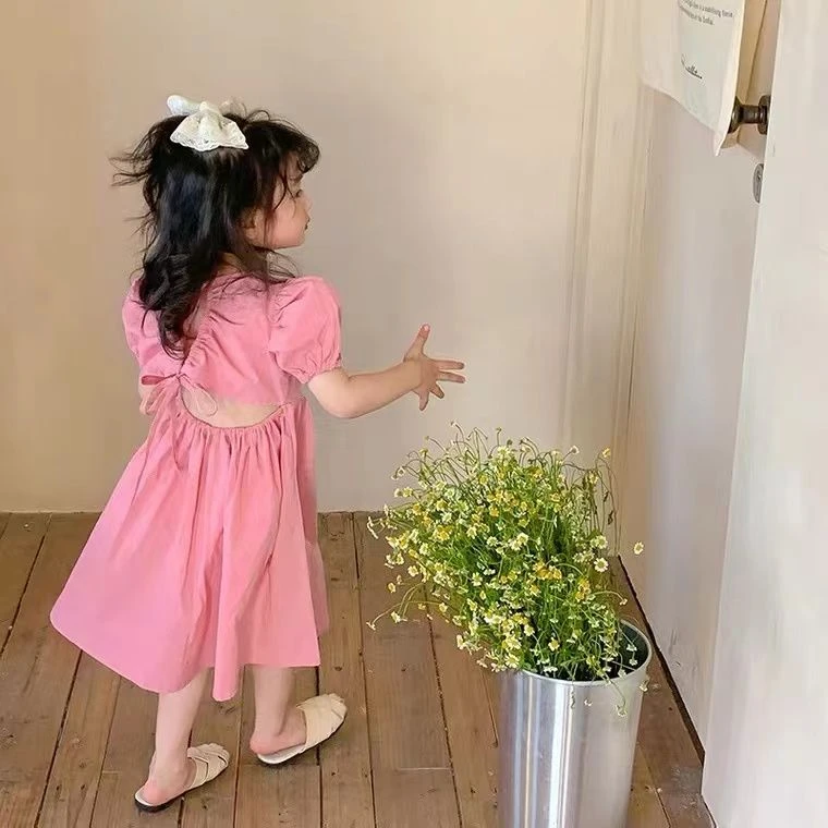 女童新款露背连衣裙夏季洋气泡泡袖粉色公主裙宝宝夏儿童裙子纯色