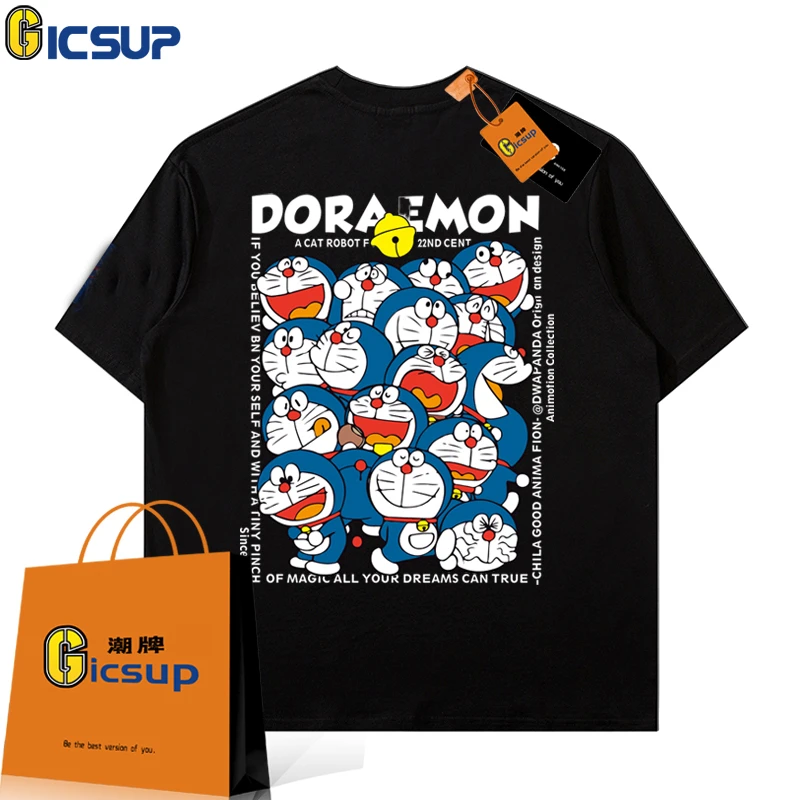 GICSUP潮牌短袖蓝胖子卡通情侣衫重磅纯棉短袖男宽松大码运动T恤