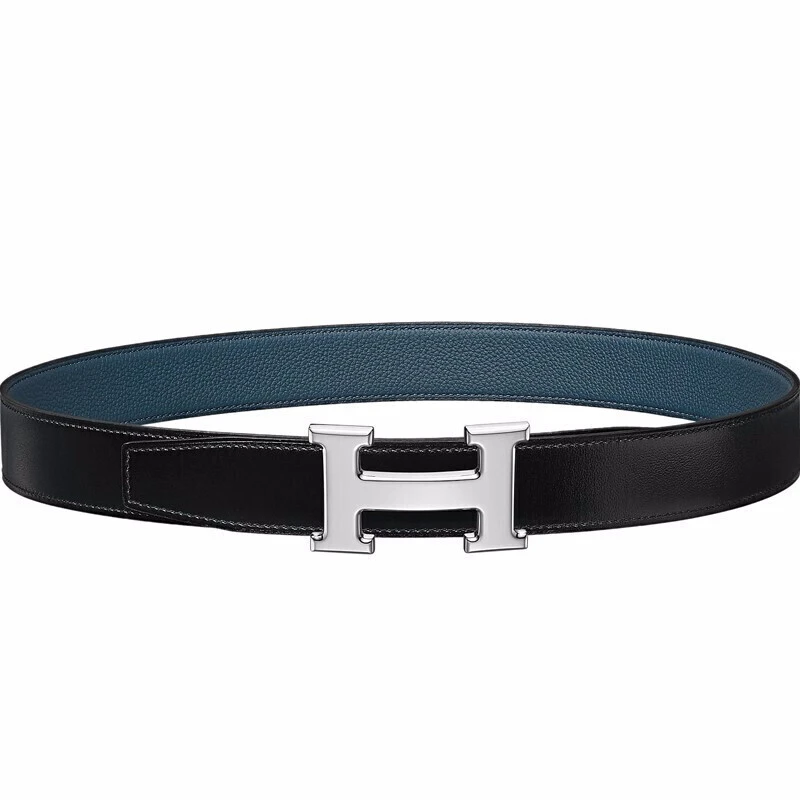 爱马仕（HERMES）腰带荔枝深蓝光面黑银光面H扣宽32mm皮带