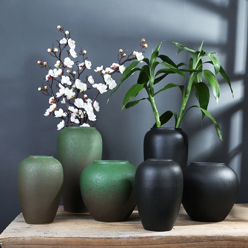 陶瓷花瓶摆件客厅插花新中式玄关装饰品黑陶花器复古绿粗陶罐花瓶
