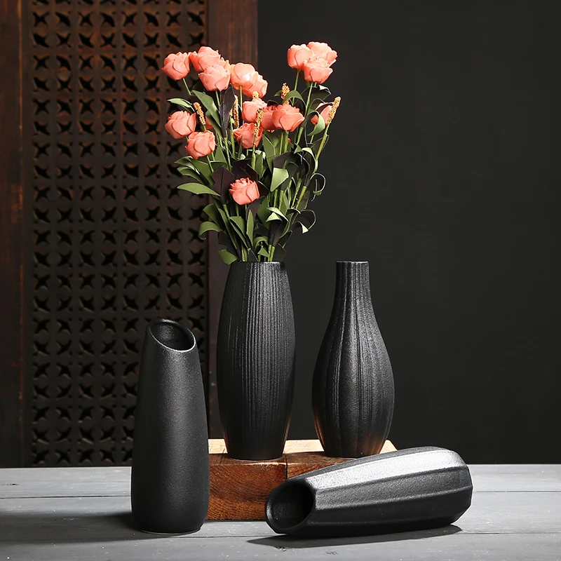 中式黑色陶瓷生活客厅插花家居禅意复古古朴简约干花摆件水养花器