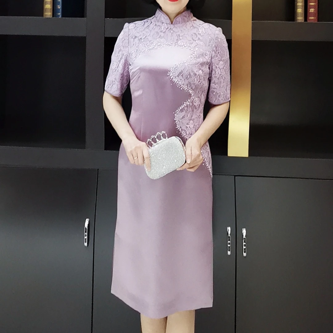 YINGDAK/应大香芋紫改良旗袍连衣裙女宴会场合装夏季喜妈妈装