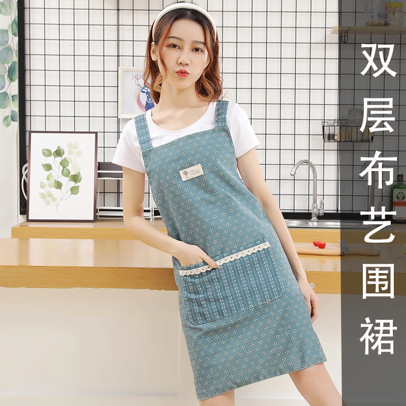 韩式可爱双层布艺防水防污厨房做饭工作服围裙女家务洋气耐脏网红