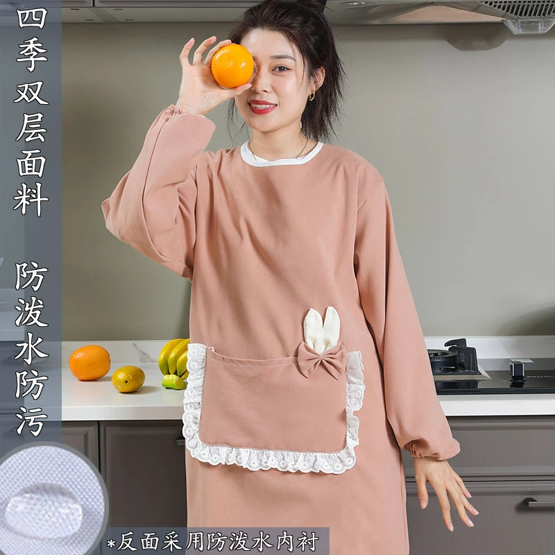 防泼水防油围裙长袖全包式家用厨房做饭定制LOGO印字工作服围裙女