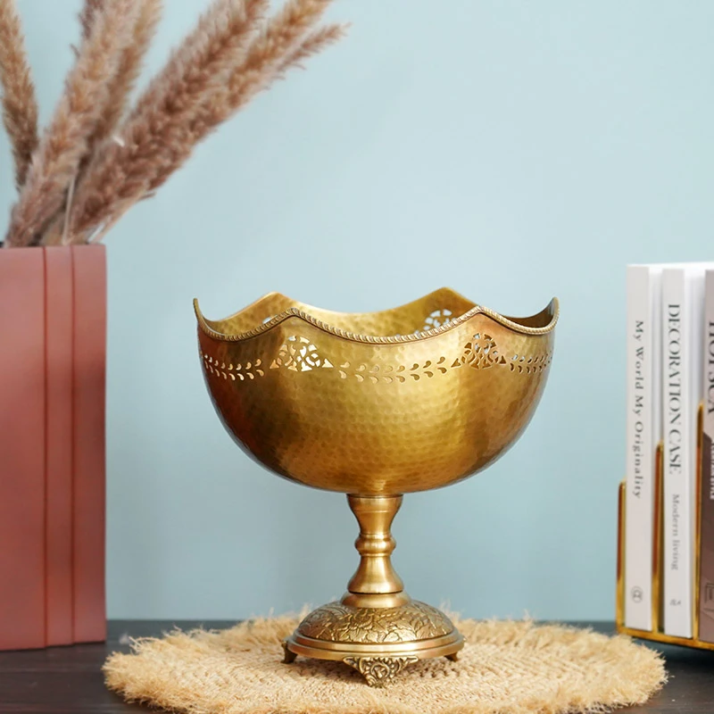 费灵家居印度进口黄铜高脚大号收纳碗果盘果篓 欧式奢华装饰收纳