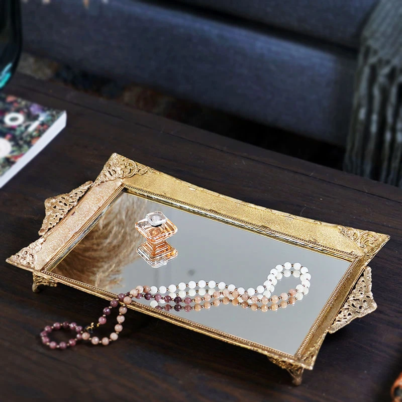 费灵家居印度进口欧式复古黄铜雕花奢华桌面镜面托盘化妆品收纳盘