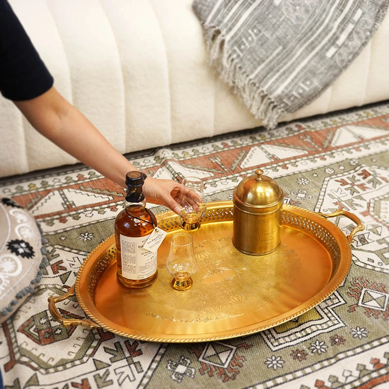 费灵家居印度进口手工复古雕花把手大托盘别墅样板间奢华桌面装饰