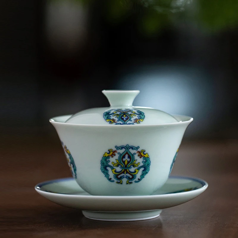 元青功夫茶具三才盖碗(MULTIPOTENT)忍冬灵芝纹薄胎瓷盖碗茶碗