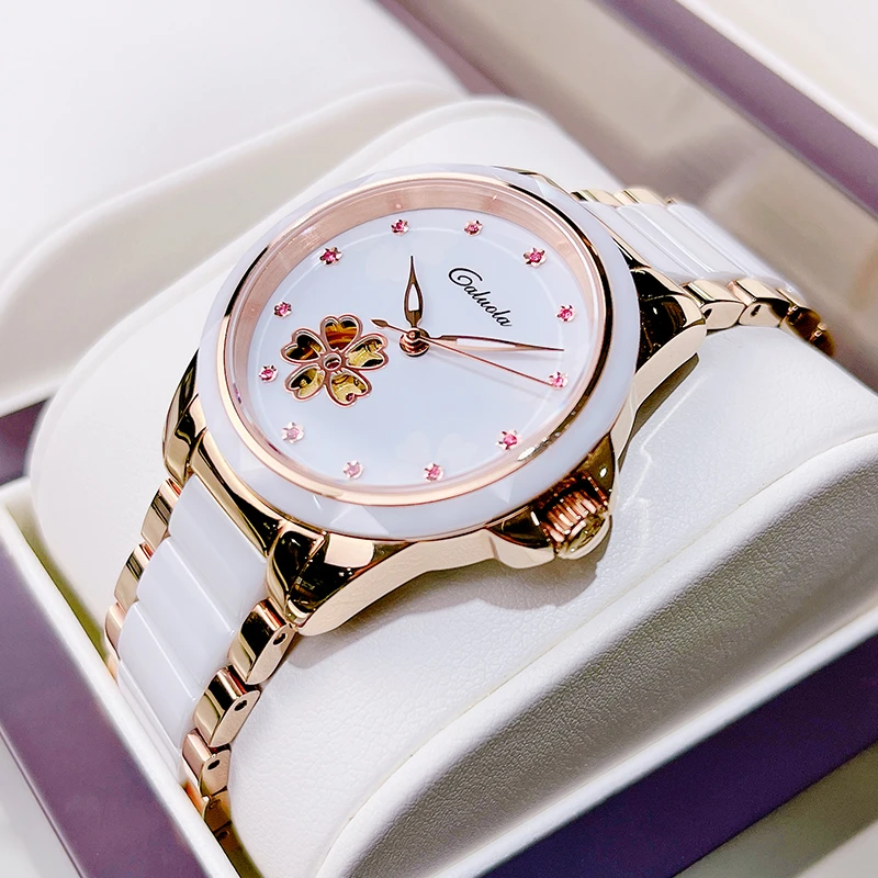 免费刻字卡罗莱女表品牌机械表女士手表防水陶瓷时尚夜光高端腕表