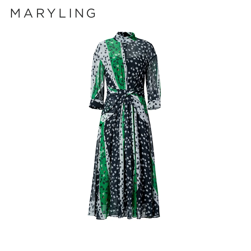 MARYLING玛俪琳撞色碎花小高领长裙气质印花收腰连衣裙A1AB65310