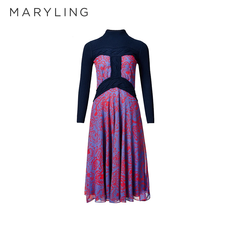 MARYLING玛俪琳春红色鸢尾花收腰A字长裙气质轻奢连衣裙A1AI65920