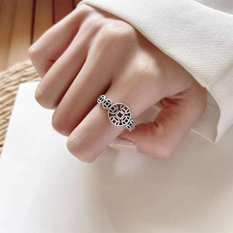 铜合金戒指 复古指环时尚素款食指镂空五铜币活口戒指气质简约