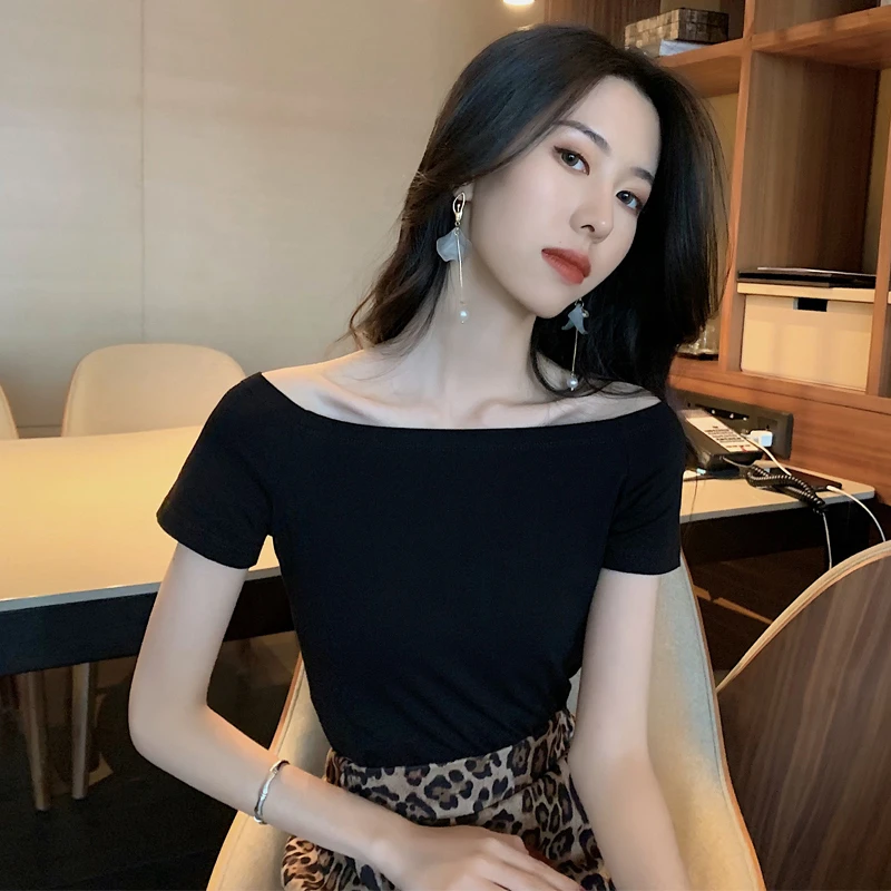 一字肩t恤女短袖夏装修身打底衫洋气一字领性感上衣锁骨露肩显瘦