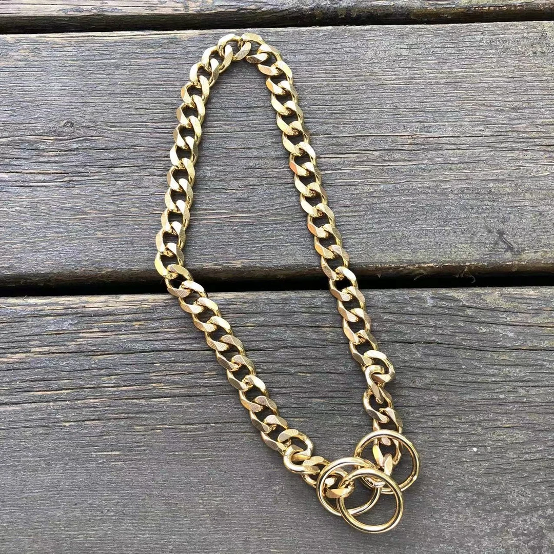 黄铜材质遛狗P链中大型犬脖链狗狗脖圈马犬工作犬脖套金色颈圈