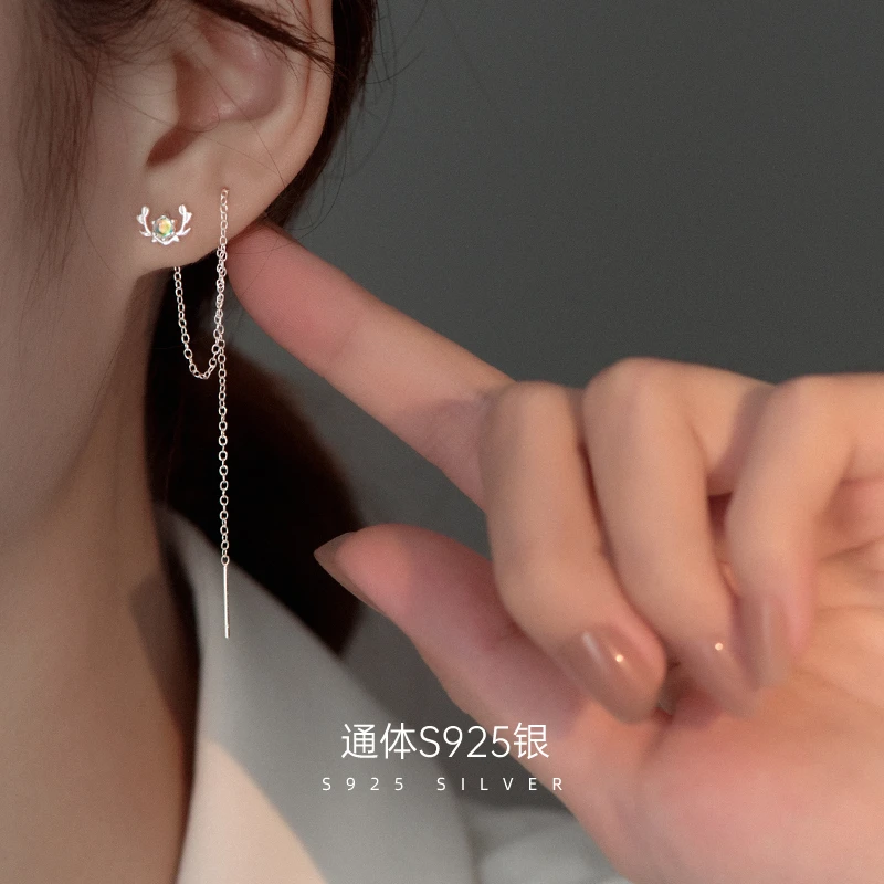 金美澳 925银合成锆石耳饰 鹿角耳线2025年火爆款网红款流苏耳环